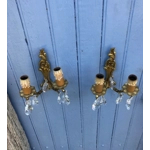 French King Louis xv Rocaille style vintage bronze brass mix pair of 2 arm wall lights light with multifaceted glass droplets