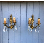 French King Louis xv Rocaille style vintage bronze brass mix pair of 2 arm wall lights light with multifaceted glass droplets