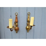 Vintage French set of two table lamps and a wall lamp in toleware with metal bases and delicate opaline tulip lampshades