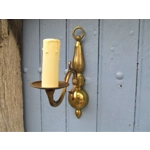 Vintage French set of two table lamps and a wall lamp in toleware with metal bases and delicate opaline tulip lampshades