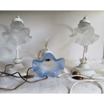 Vintage French set of two table lamps and a wall lamp in toleware with metal bases and delicate opaline tulip lampshades