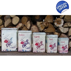 5 Vintage shabby French spice pots in tin perfec..