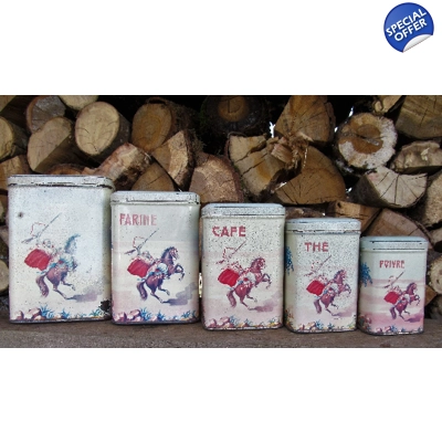 5 Vintage shabby French spice pots in tin perfect rustic country cottage decor shabby worn patina