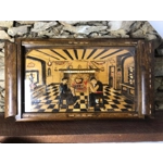 Vintage French hand carved wooden tray, presentation or serving plate, signed by the craftsman with glass and wooden handles,