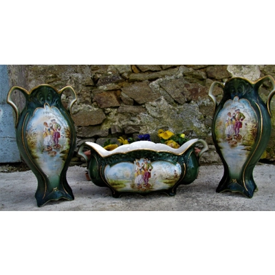 Amazing rare antique earthenware set of a pair of large vases and jardinieres, circa 1880, France.