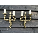 Petite pair of vintage French bronze brass mix 2 arm wall lights sconces for revamping, restoration