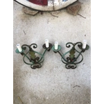 A pair of two-arm early 20th century French wrought iron and tole wall lights wall sconces of Classic design,worn green patina green France