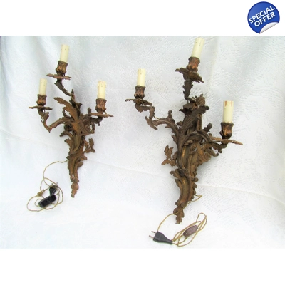 Magnificent pair of large 3 branch Italian antique bronze brass mix romantic wall lights sconces Milan C1920 for easy refurb restoration