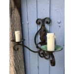 A pair of two-arm early 20th century French wrought iron and tole wall lights wall sconces of Classic design,worn green patina green France