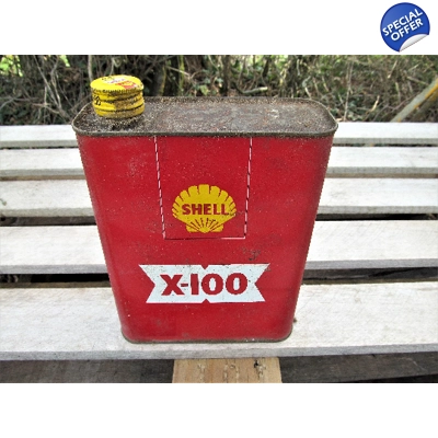 Shell X100 old French red oil tin shell bidon huile x100 publicity man cave retro vintage garage