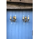 Pair of Italian vintage two branch wall lights with crystals, original condition wall sconces light