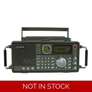 Tecsun S-2200x radio receiver shown with carrying handle in use
