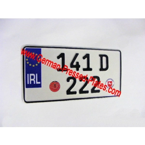 German Square Pressed Number Plate with Red Stickers