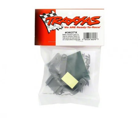 Battery hold-down (grey) (1) / receiver hold-down (grey) (1) / metal posts (2)/ spacers (2)/ body cl