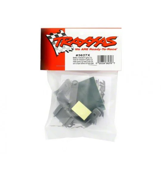 Battery hold-down (grey) (1) / receiver hold-down (grey) (1) / metal posts (2)/ spacers (2)/ body cl