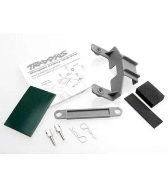 Battery hold-down (grey) (1) / receiver hold-down (grey) (1) / metal posts (2)/ spacers (2)/ body cl