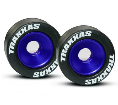 Rubber Tires Mounted on Blue-Anodized Wheelie Bar Wheels (2)/ 5x8mm Ball Bearings (4)/ Axles (2)