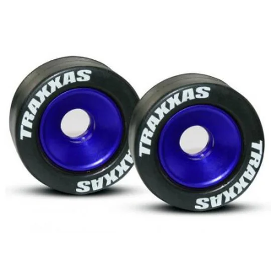 Rubber Tires Mounted on Blue-Anodized Wheelie Bar Wheels (2)/ 5x8mm Ball Bearings (4)/ Axles (2)