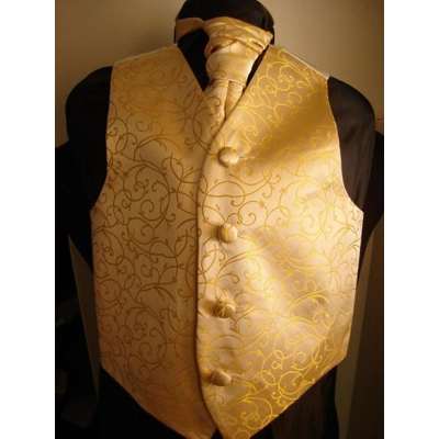 Boys Gold Swirl pattern Brocade Waistcoat w/wo Cravat or Tie or Bowtie