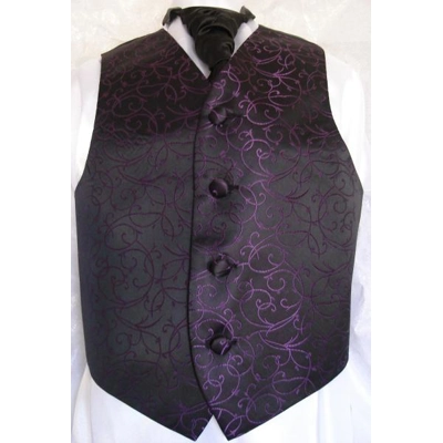 Boys Black/Purple Swirl Brocade Waistcoat w/wo Cravat-Tie-Bowtie