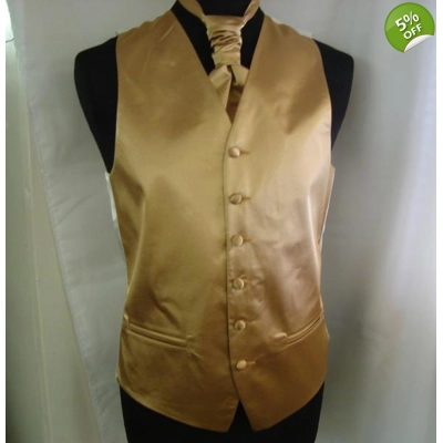 Mens Old Gold Satin Waistcoat w/wo Cravat-Tie-Bowtie
