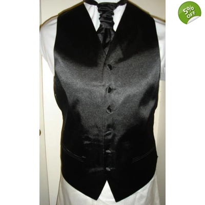 Mens Black Satin Waistcoat w/wo Cravat, Tie, Bow tie
