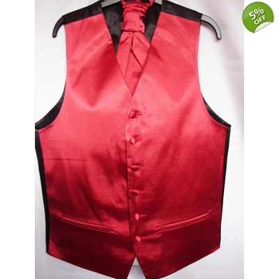 Mens Med Red Satin Waistcoat w/ wo Cravat or Standard Tie or Bow Tie
