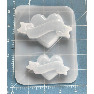 2 Large puffy Hearts with Banners Handmade Plastic Mold