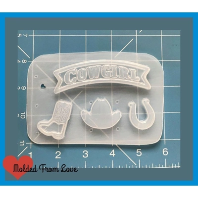 Cowgirl Banner Brooch 4 cavity Handmade Plastic Mold Cowgirl Banner Brooch 4 cavity Handmade Plastic Mold