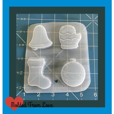 Pallet of 4 Holiday Shapes-Mitten, stocking, Bell and Ball ornament Handmade Plastic Mold