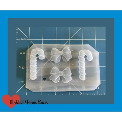 2 detailed Candy Canes and 2 Sweetheart Bows Handmade Plastic Mold 2 detailed Candy Canes and 2 Sweetheart Bows Handmade Plastic Mold