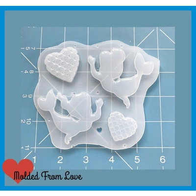 NEW! 2 Cute Retro Chibi Mermaids and 2 Mermaid Hearts Handmade Plastic Resin Mold NEW! 2 Cute Retro Chibi Mermaids and 2 Mermaid Hearts Handmade Plastic Resin Mold