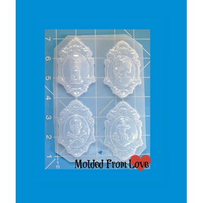 Set of 4 Cameos With Ornate Settings Tiki anchor, skull and skull lady Handmade Plastic Mold Set of 4 Cameos With Ornate Settings Tiki anchor, skull and skull lady Handmade Plastic Mold