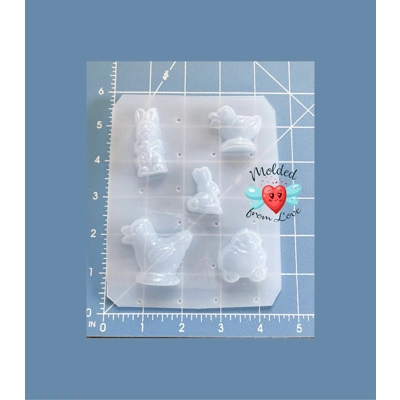 Retro Vintage 5 cavity small Easter Shapes Bunnies and Chicks Handmade Plastic Mold