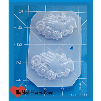 2 Mid Century Hand with Flowers Brooches Handmade Flexible Plastic Resin Mold
