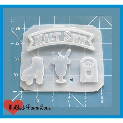 MFL Malt Shop Banner Brooch 4 Cavity Handmade Plastic Resin Mold MFL Malt Shop Banner Brooch 4 Cavity Handmade Plastic Resin Mold