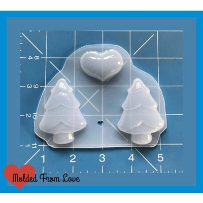 2 Chibi Christmas Trees and Puffy Heart  Handmade  Plastic Resin Mold