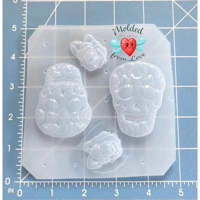 Set of 2 Sugar Skulls and 2 Roses Handmade Plastic Mold Set of 2 Sugar Skulls and 2 Roses Handmade Plastic Mold