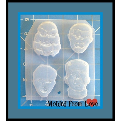 Sheet of 4 Retro Horror Movie Characters-Creature-Dracula-Wolfman-Frankenstein handmade Plastic Mold Sheet of 4 Retro Horror Movie Characters-Creature-Dracula-Wolfman-Frankenstein handmade Plastic Mold