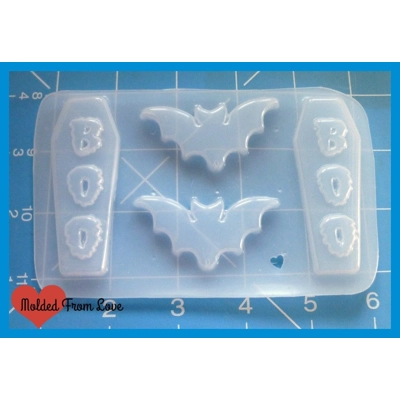 2 Pointy wing Bats 2 Boo Coffins  Flexible Plastic Handmade Resin Mold