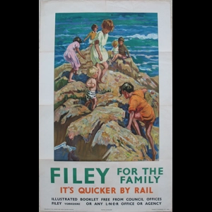 Original LNER Railway Poster Filey For The Family Its Quicker By Rail Children Rock Pools By Dorothea Sharp