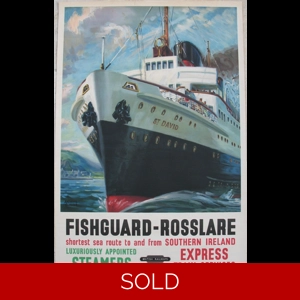 Original Railway Poster Fishguard Rosslare Shortest Sea Route To And From Southern Ireland By Arthur Mills