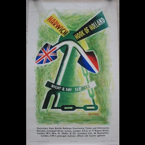 Original Railway Poster Harwich Hook of Holland Night Day Services 1950 By Pieter Huveneers
