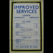 Original LNER Railway Poster Improved Services London Lowestoft Yarmouth September 1936