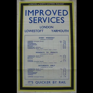 Original LNER Railway Poster Improved Services London Lowestoft Yarmouth September 1936