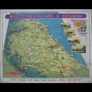 Original Railway Poster Northumberland and Durham Pictorial Map Frederick Donald Blake