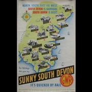Original British Railway Poster Sunny South Devon Map GWR Its Quicker By Rail