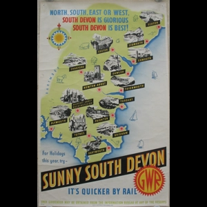 Original British Railway Poster Sunny South Devon Map GWR Its Quicker By Rail