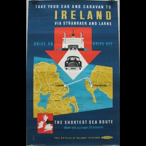 Original Railway Poster Take Your Car And Caravan To Ireland Via Stranraer And Larne Drive On Drive Off By Reginald Lander