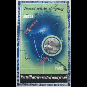 Original Railway Poster Travel While Sleeping - Regular Night Service French State Rys Southern Ry Direct Transfers From Train To Ship Autonomous Port of Le Havre